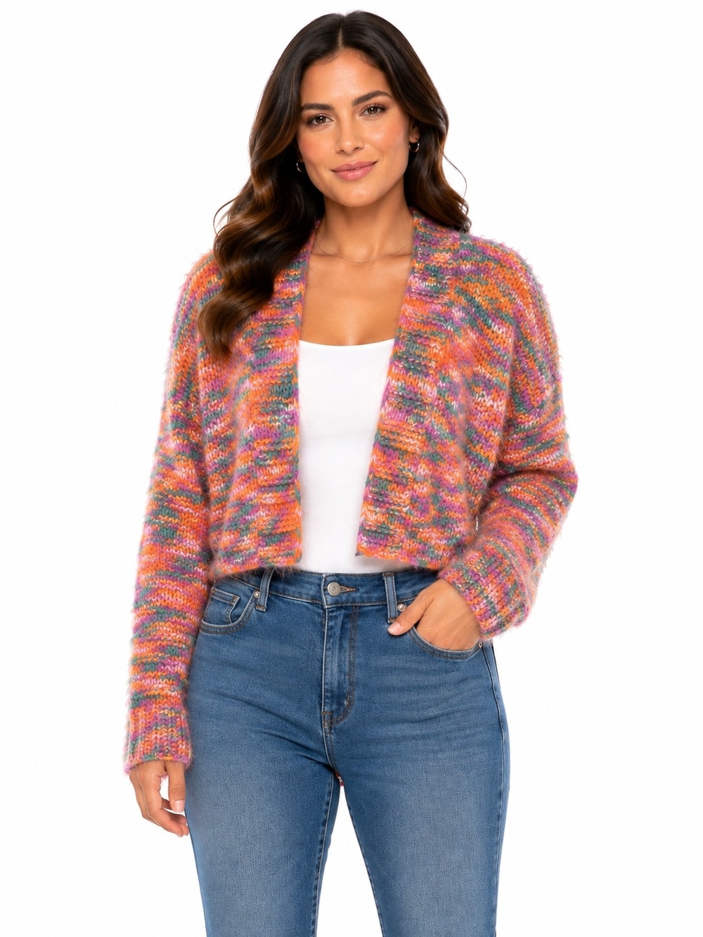 SHEIN Multicolor Open-Front Cardigan - Pink Orange Green Mix